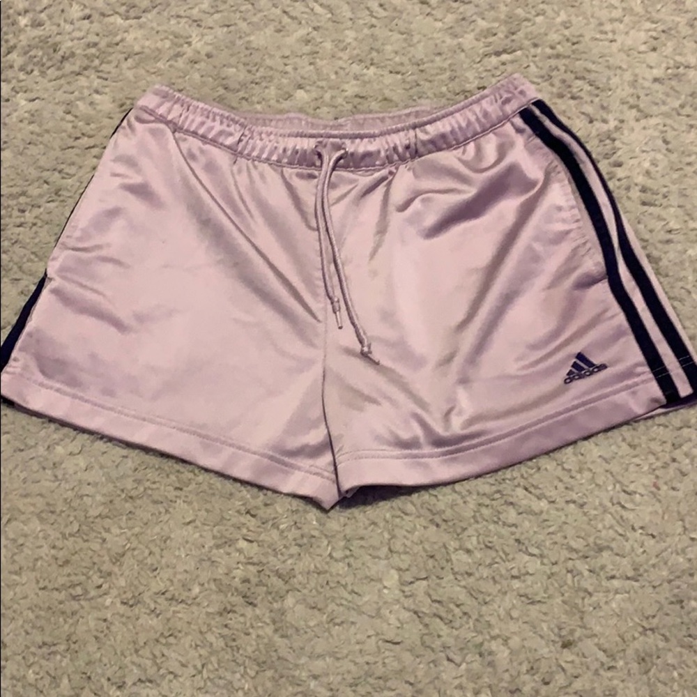 Adidas purple and navy jaw string silk shorts.